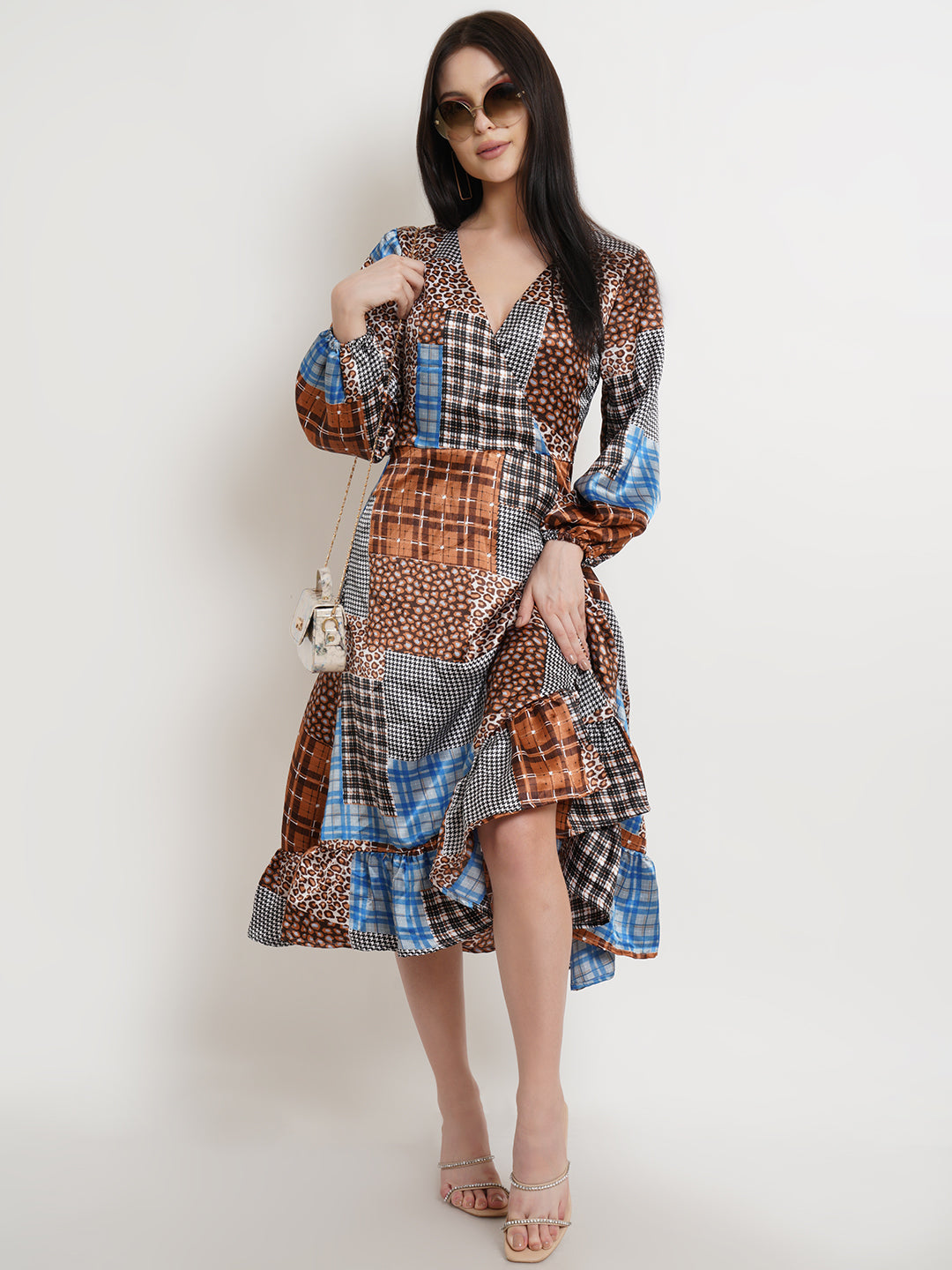 Patchwork Print V-Neck Midi Dress with Balloon Sleeves