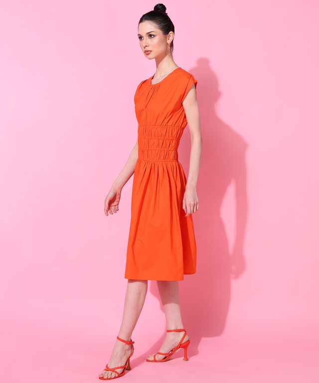 Vibrant Orange Sleeveless Smocked Waist Midi Dress