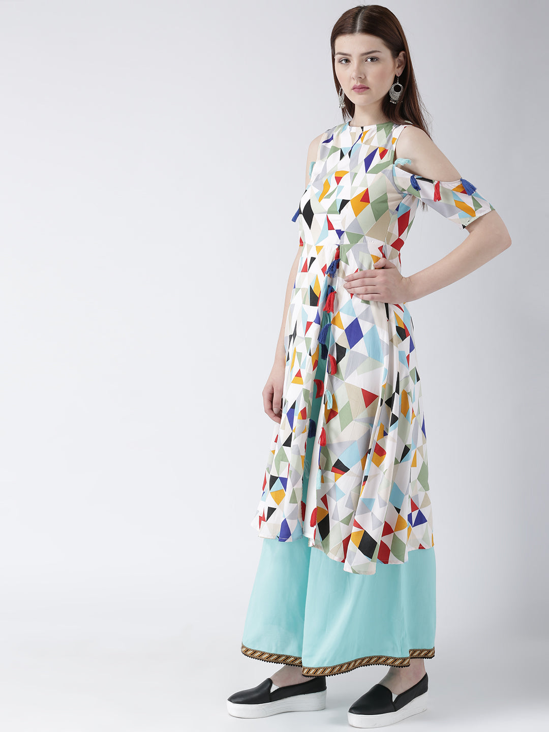 Women's Cold Shoulder Multicolor Geometric Print Kurta with Tassels