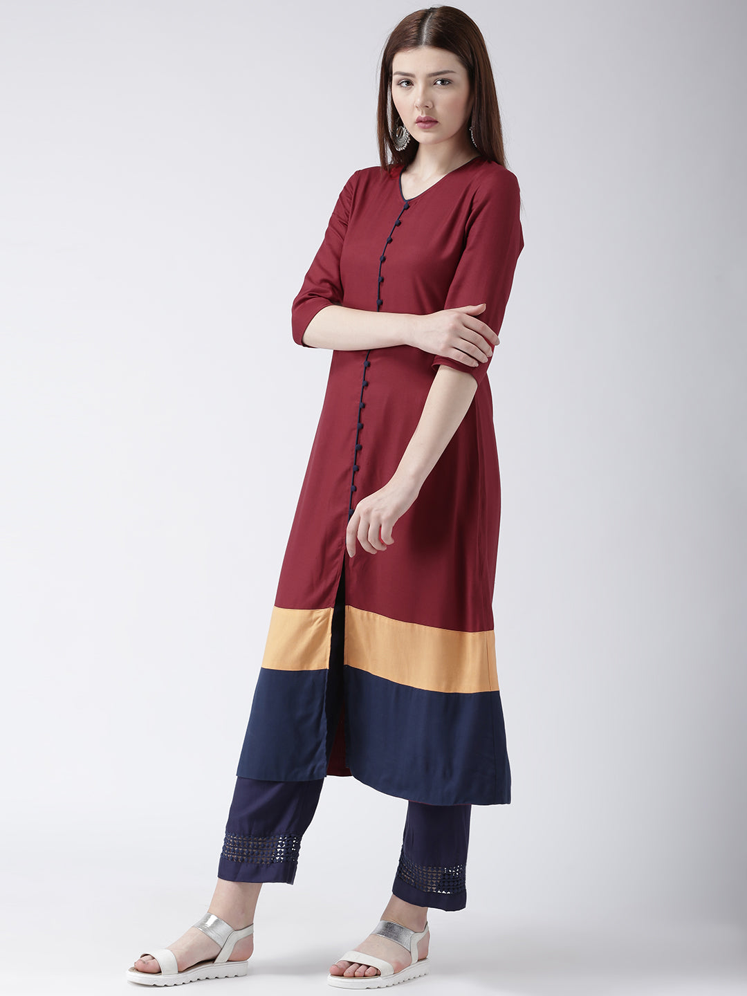 Women's Maroon Colorblock Straight Kurta with Front Button Detailing