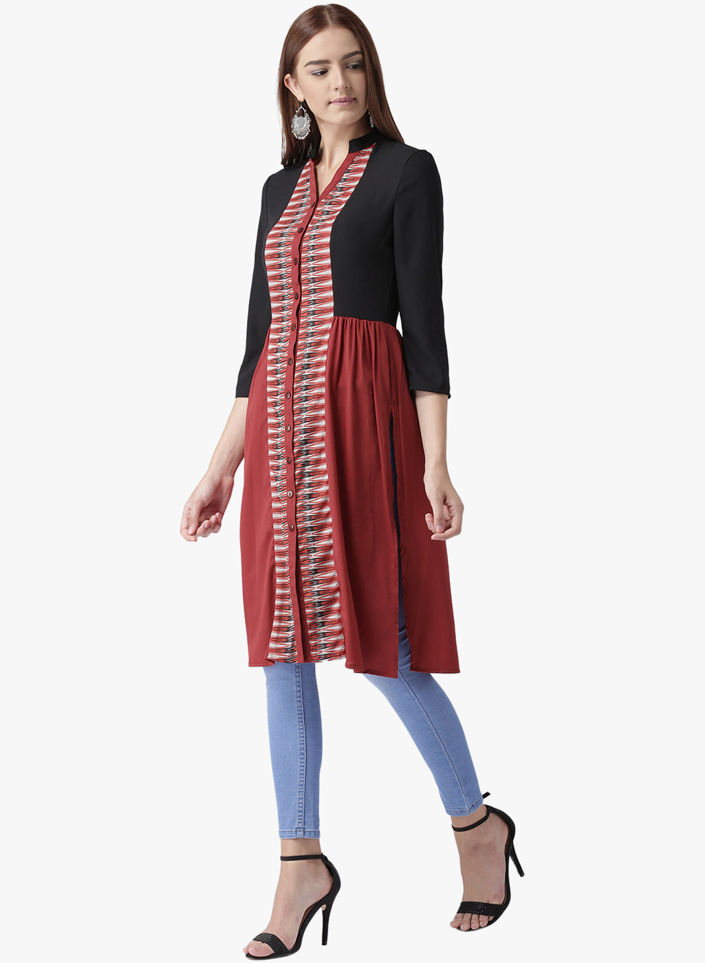 Women's Black and Maroon Front Slit Kurta with Printed Panel and Button Detailing