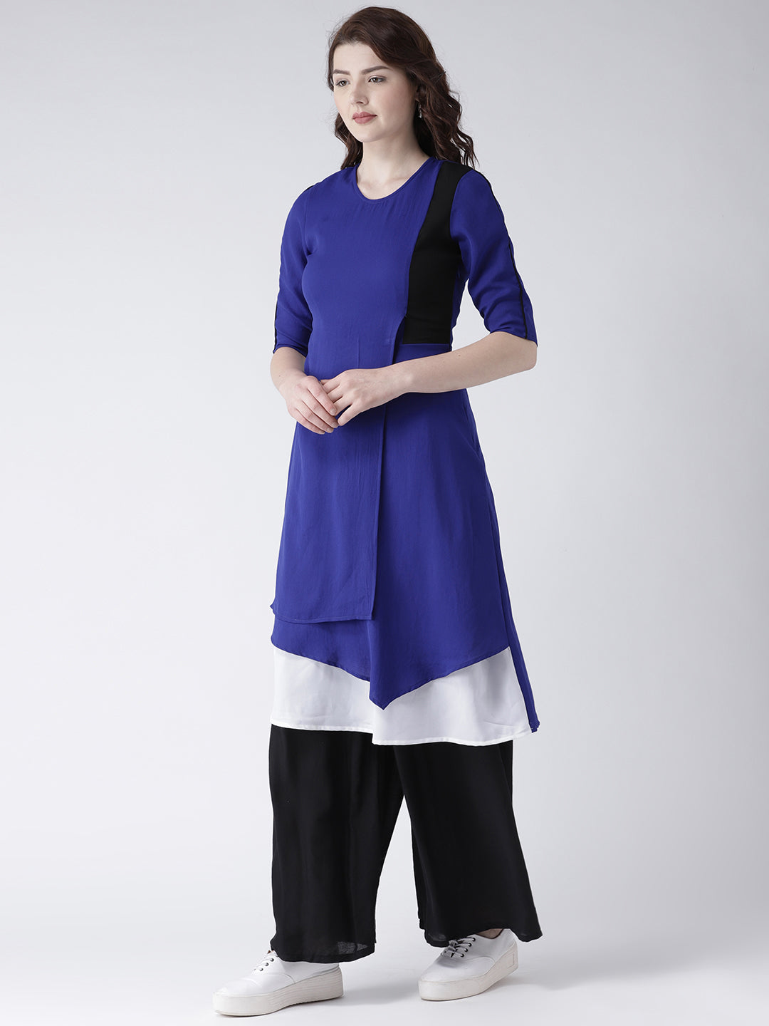 Women's Blue Layered Asymmetric Kurta with Black and White Colorblock Design