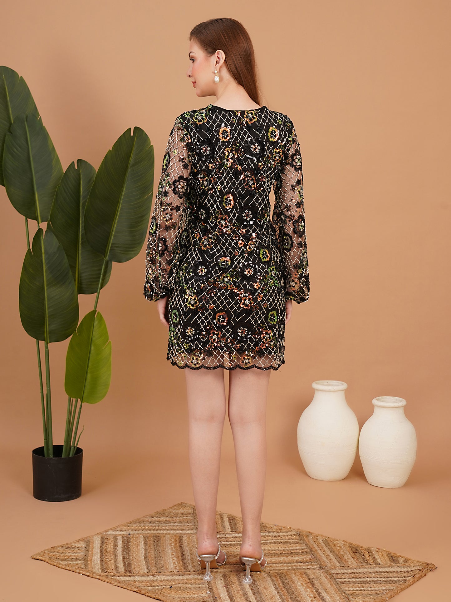 Black Floral Embroidered Mesh Party Wear Mini Dress for Women