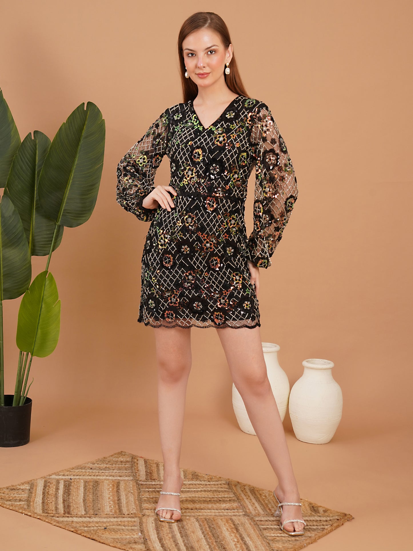 Black Floral Embroidered Mesh Party Wear Mini Dress for Women