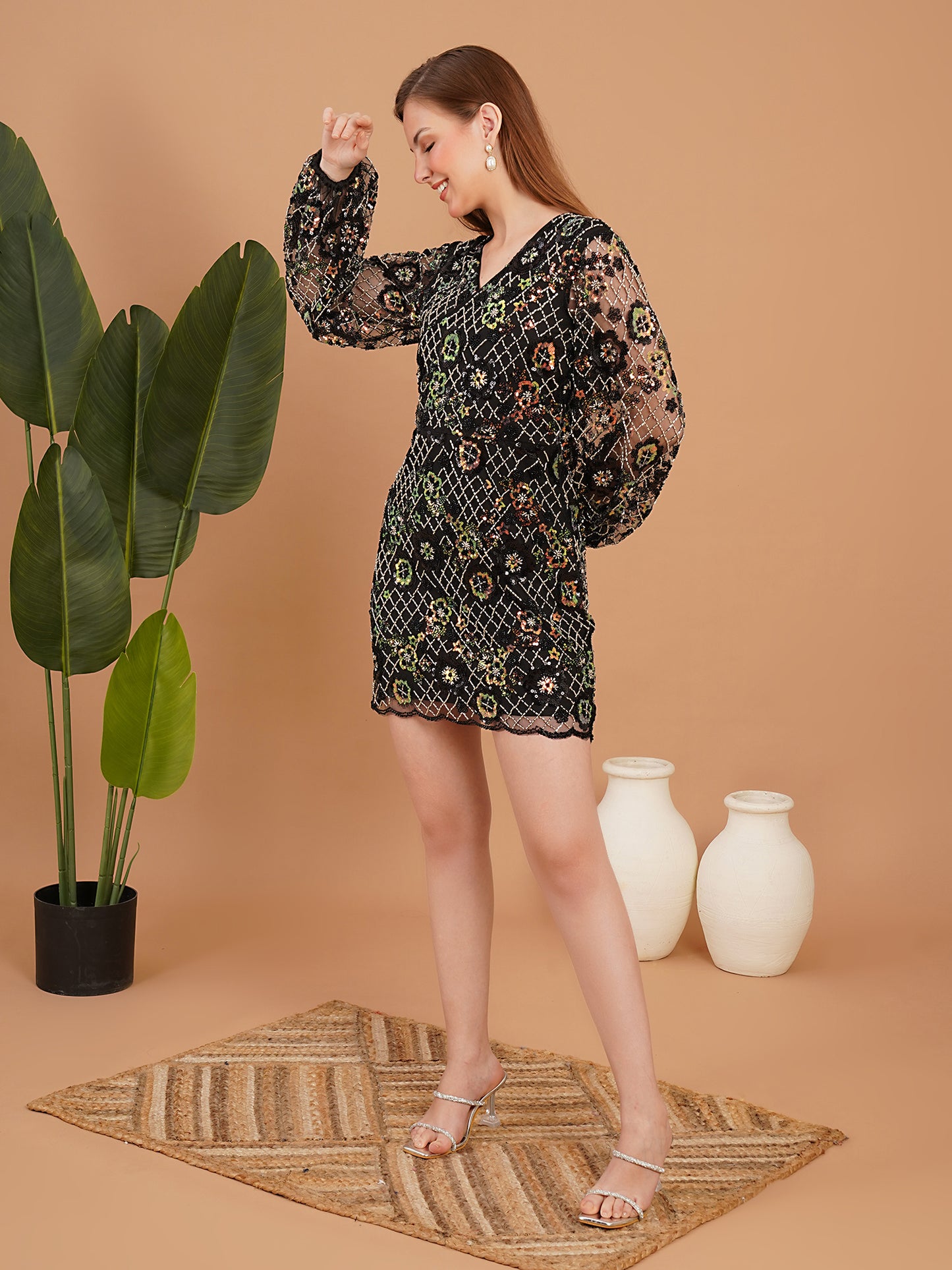 Black Floral Embroidered Mesh Party Wear Mini Dress for Women