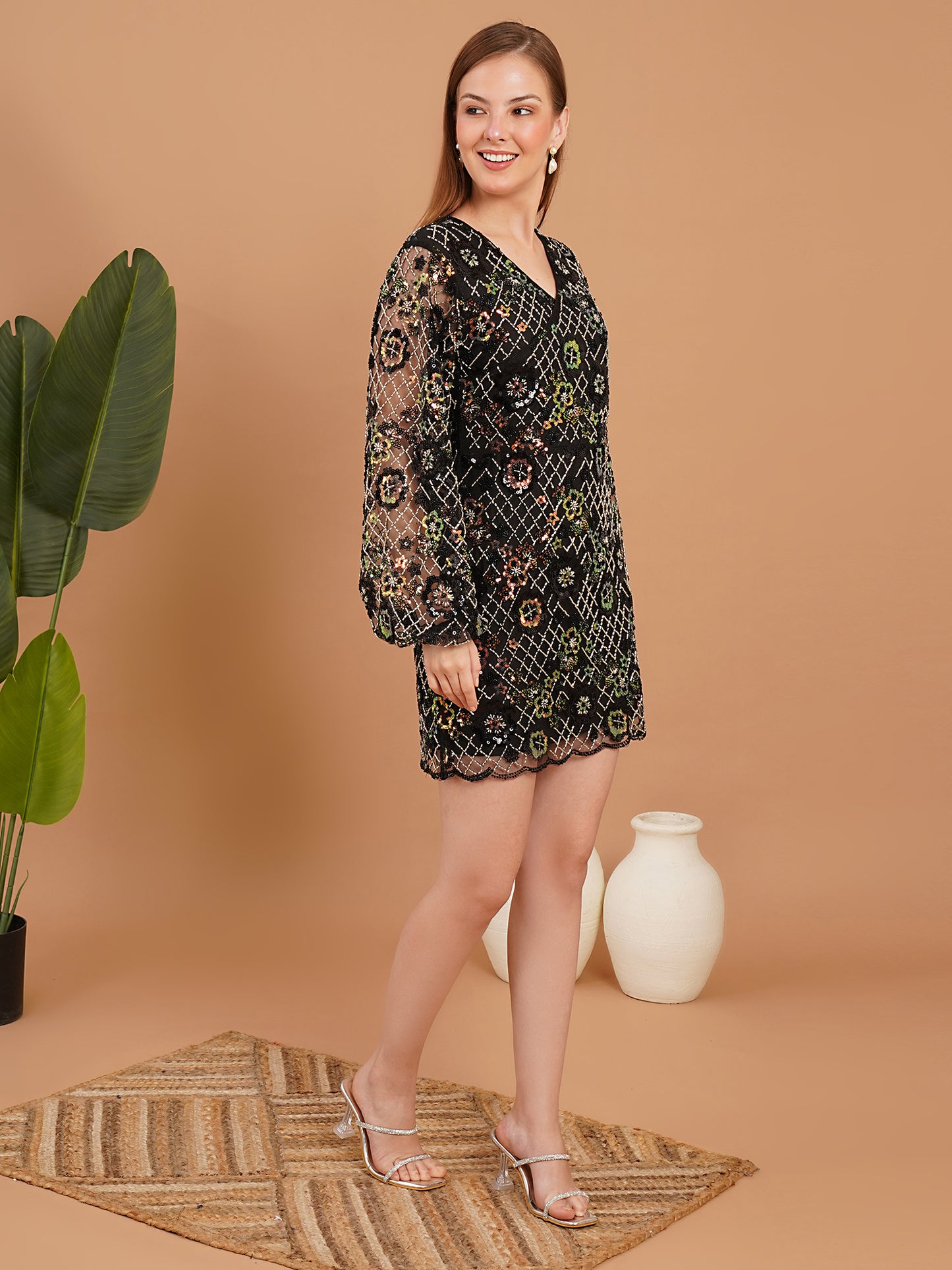 Black Floral Embroidered Mesh Party Wear Mini Dress for Women