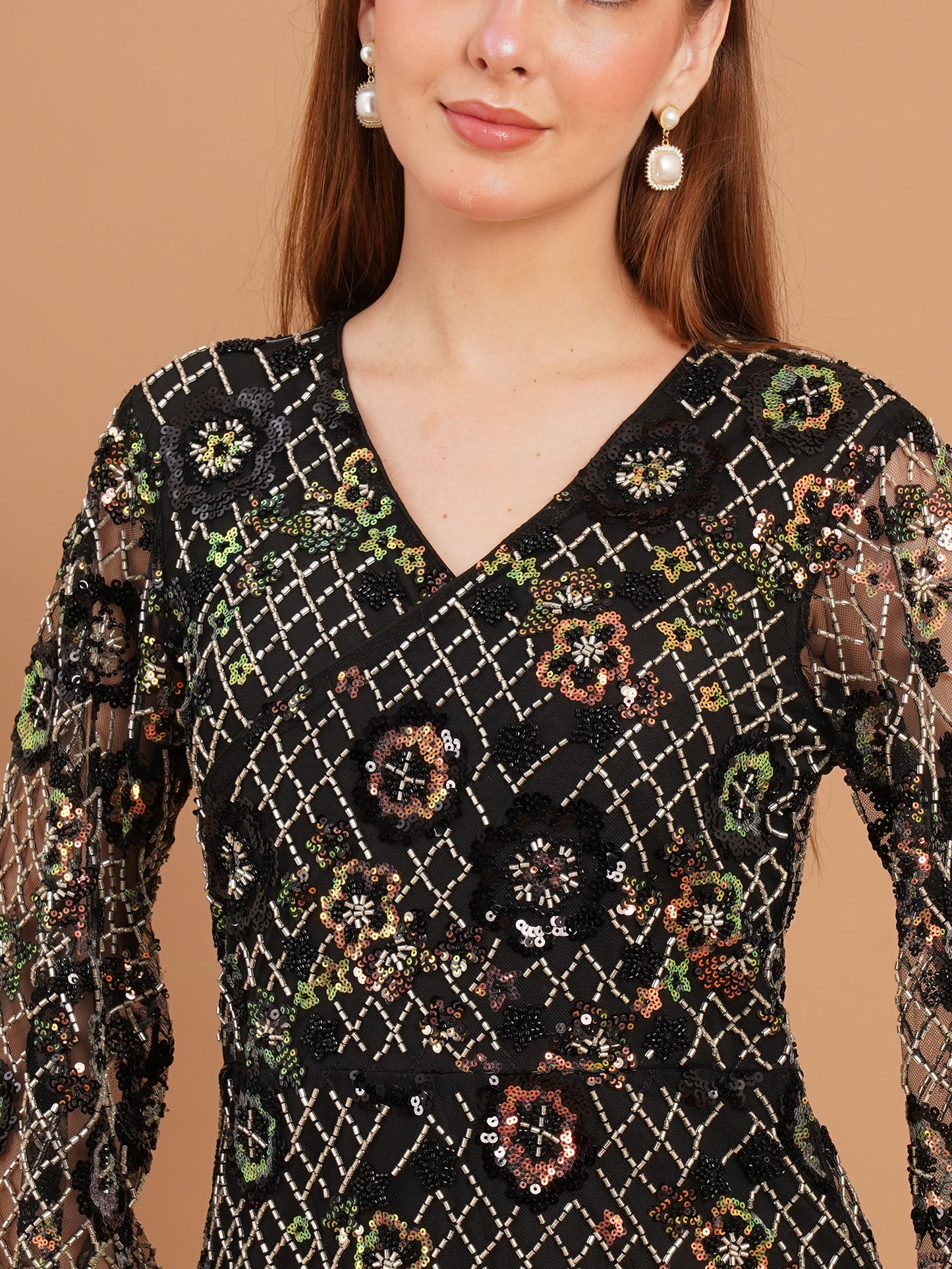 Black Floral Embroidered Mesh Party Wear Mini Dress for Women