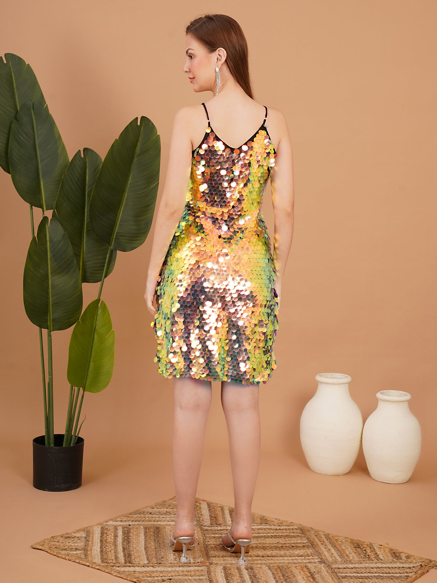 Golden Sequin Party Wear Mini Dress for Women