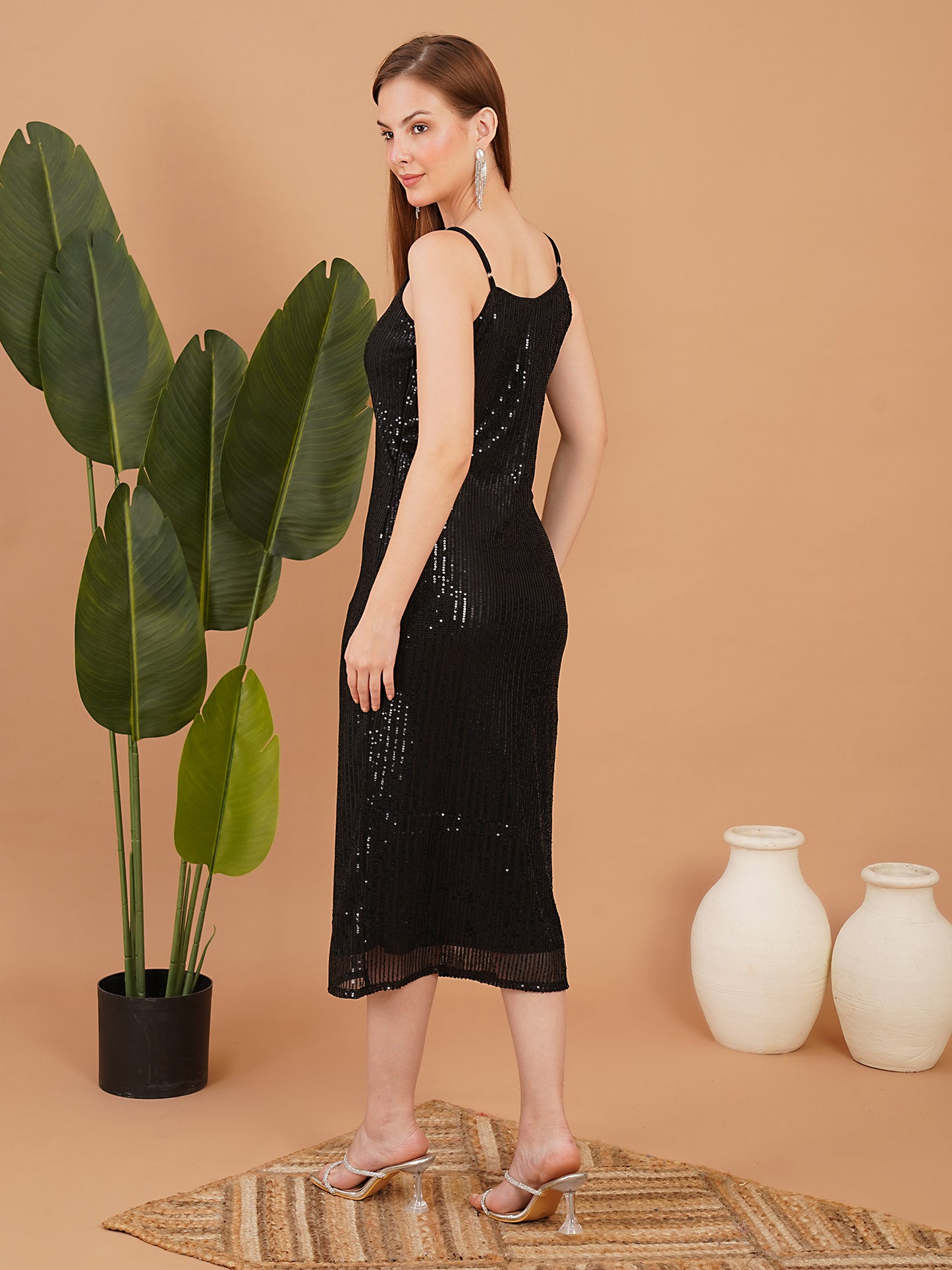 Black Sequin Bodycon Midi Dress – Elegant Evening Party Wear
