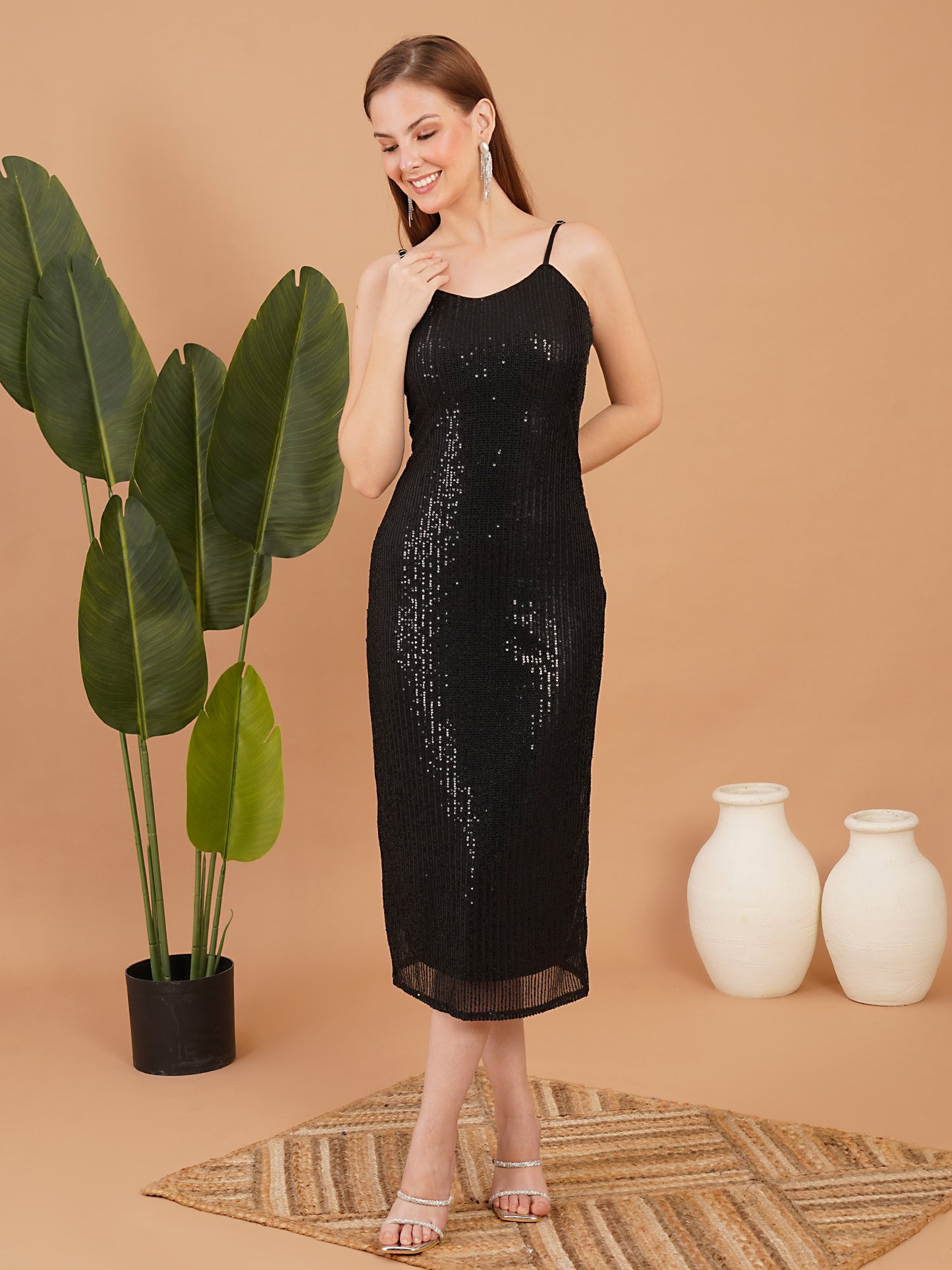 Black Sequin Bodycon Midi Dress – Elegant Evening Party Wear