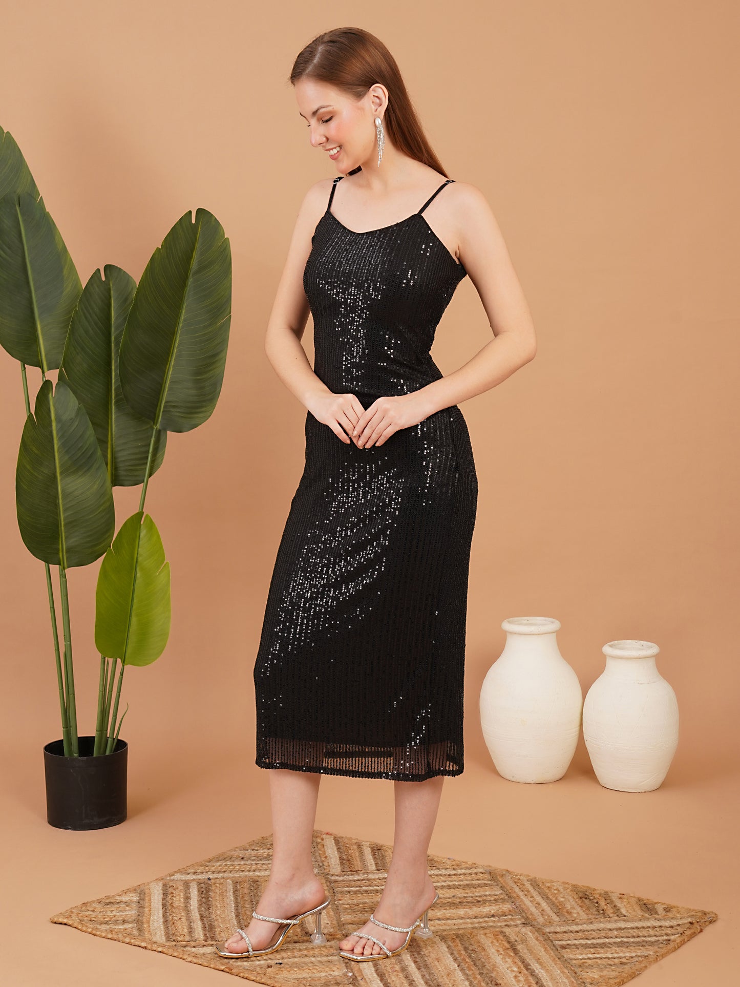 Black Sequin Bodycon Midi Dress – Elegant Evening Party Wear