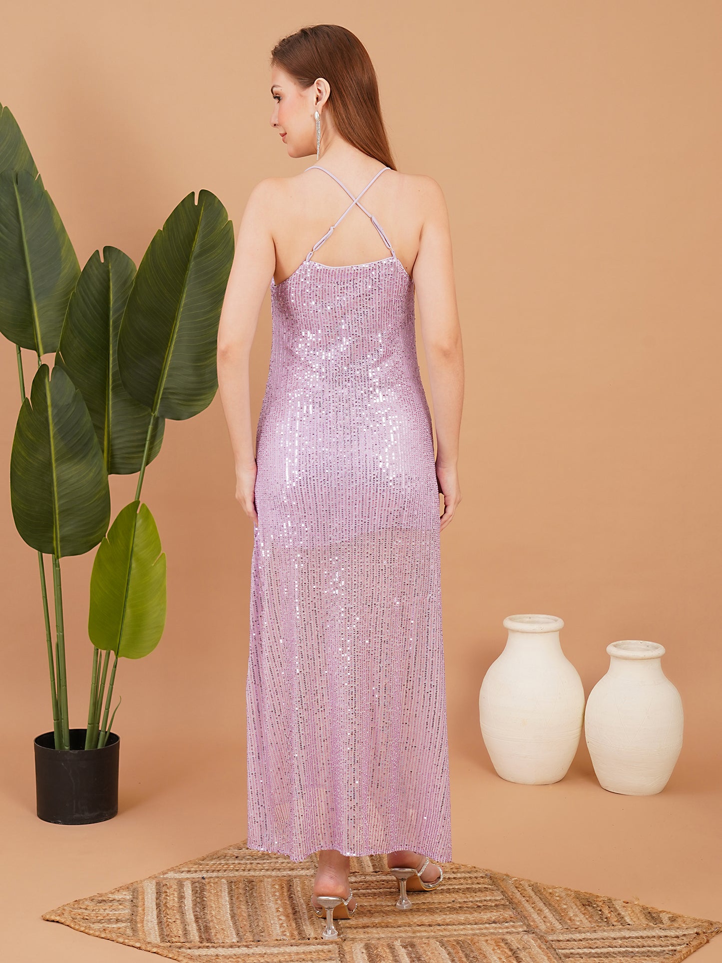 Lavender Sequin Halter Neck Maxi Dress – Elegant Party Wear