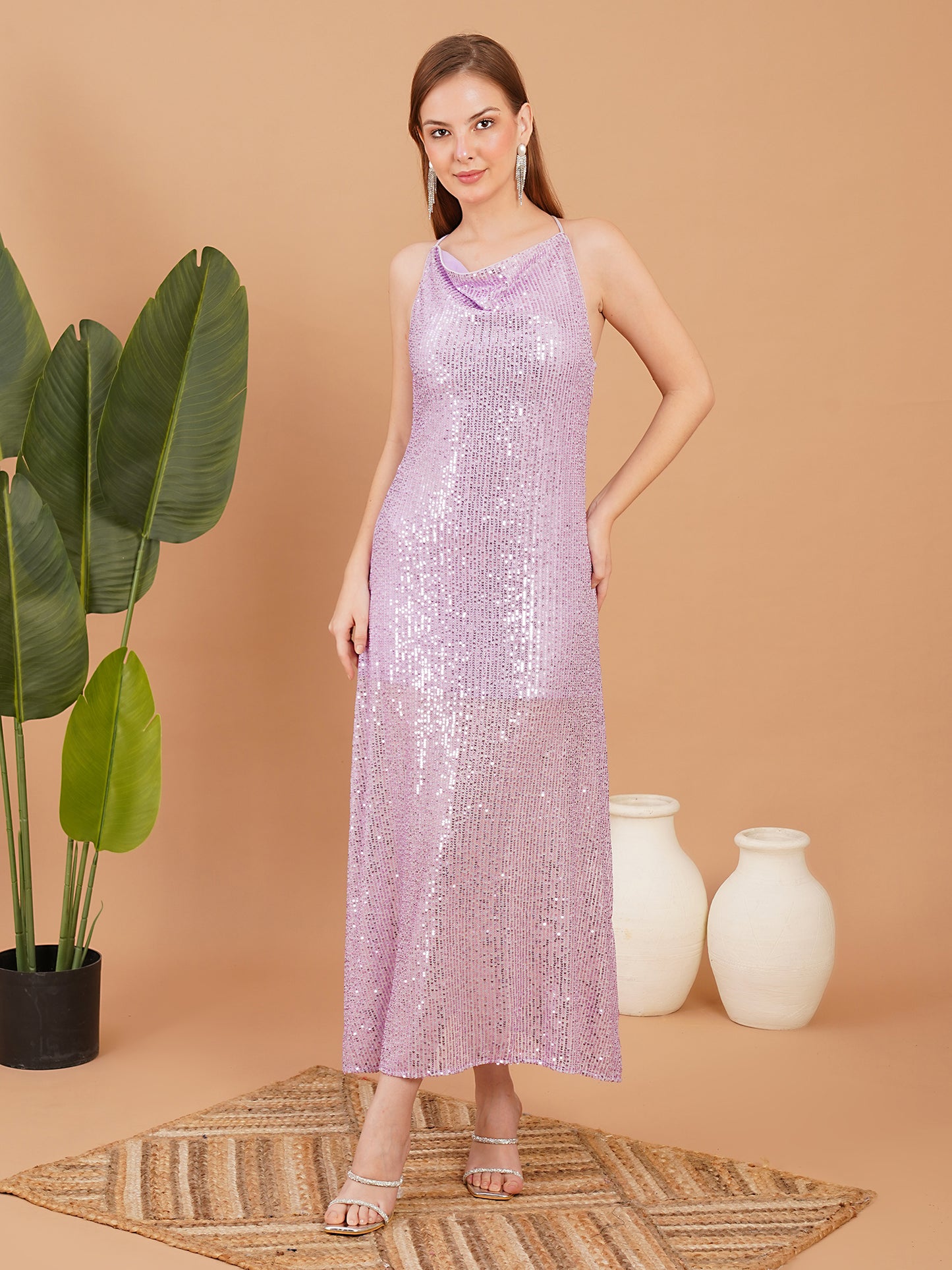 Lavender Sequin Halter Neck Maxi Dress – Elegant Party Wear