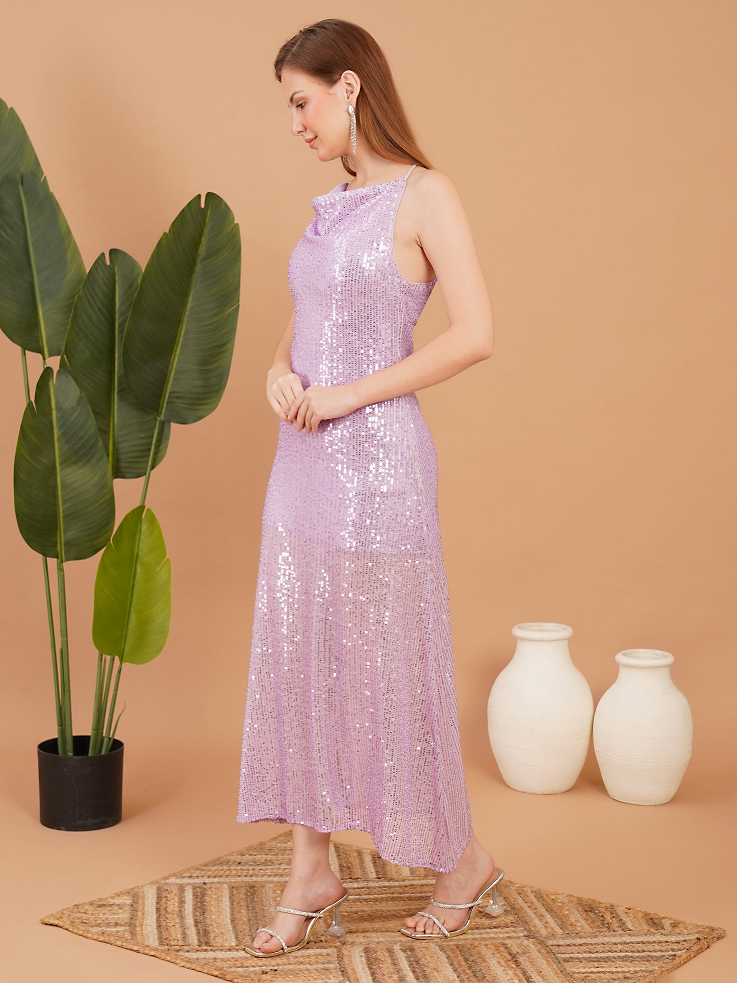 Lavender Sequin Halter Neck Maxi Dress – Elegant Party Wear