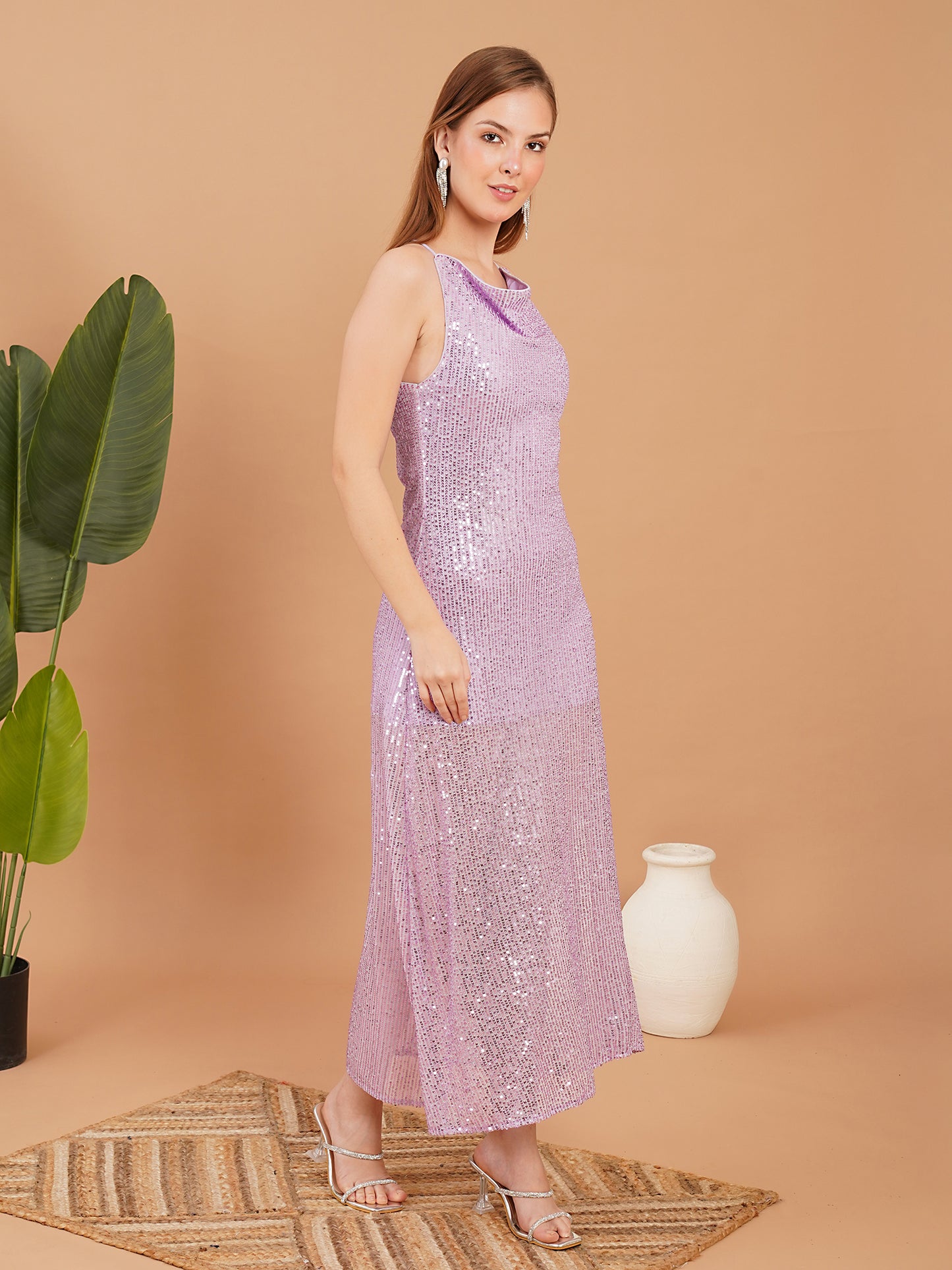 Lavender Sequin Halter Neck Maxi Dress – Elegant Party Wear