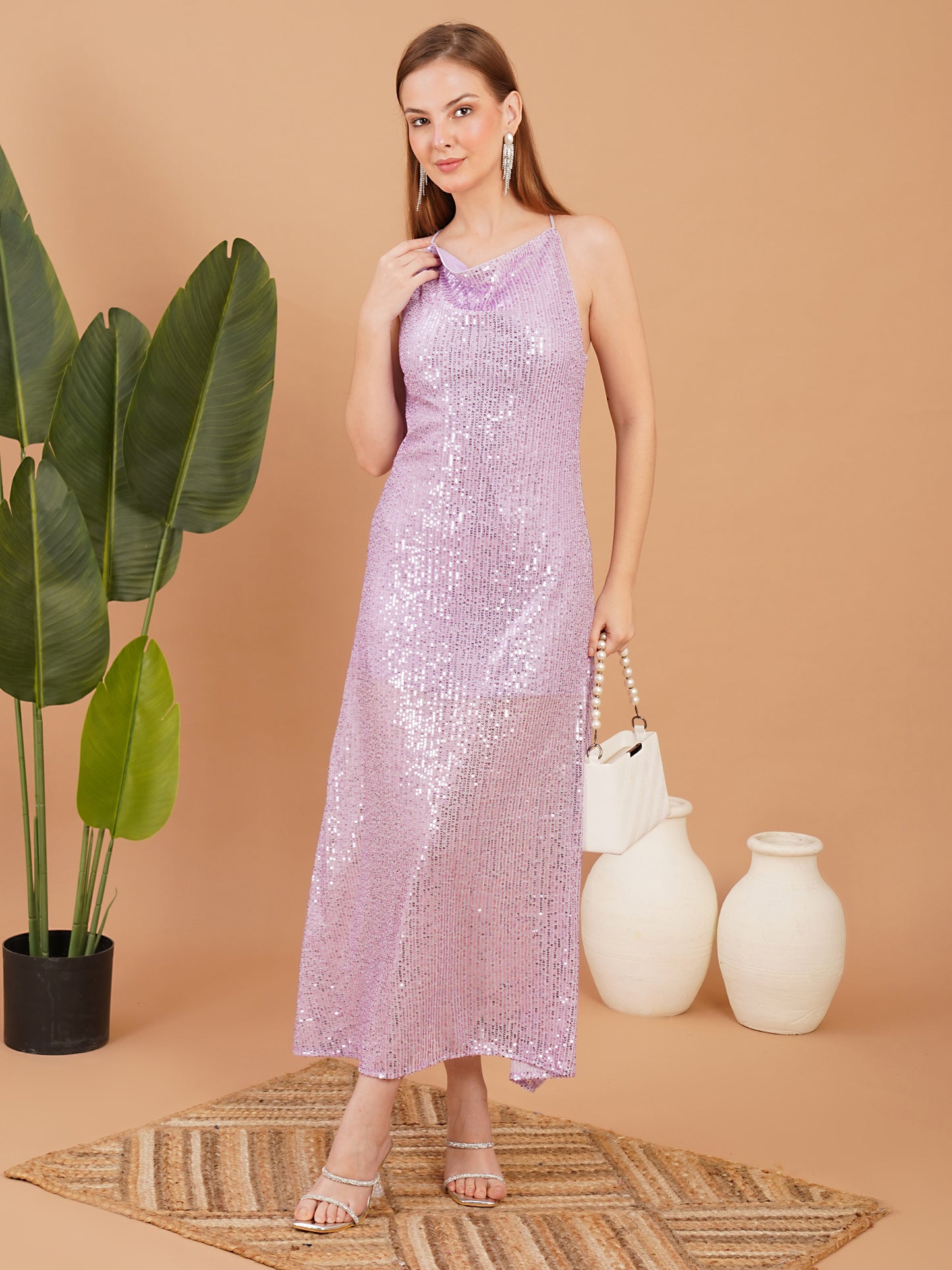 Lavender Sequin Halter Neck Maxi Dress – Elegant Party Wear