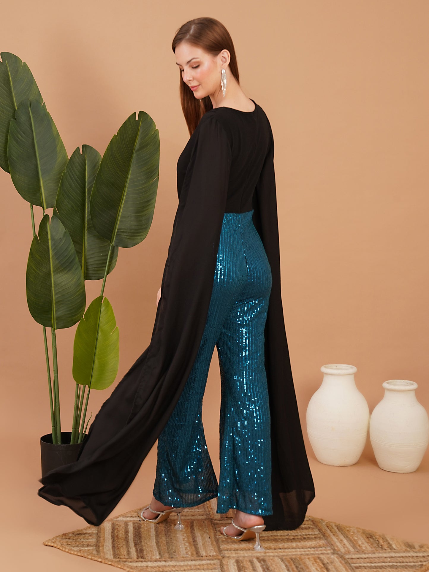 Black Cape Style Top with Teal Blue Sequin Flared Pants – Party Wear Jumpsuit