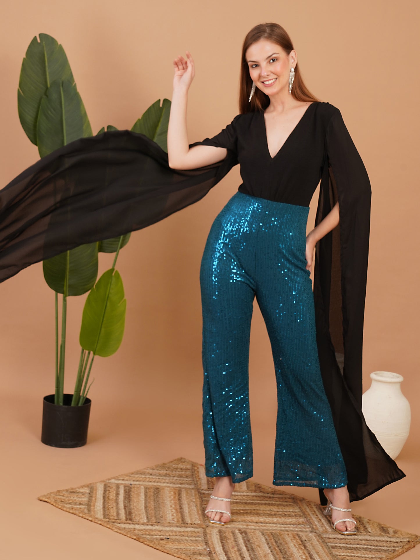 Black Cape Style Top with Teal Blue Sequin Flared Pants – Party Wear Jumpsuit