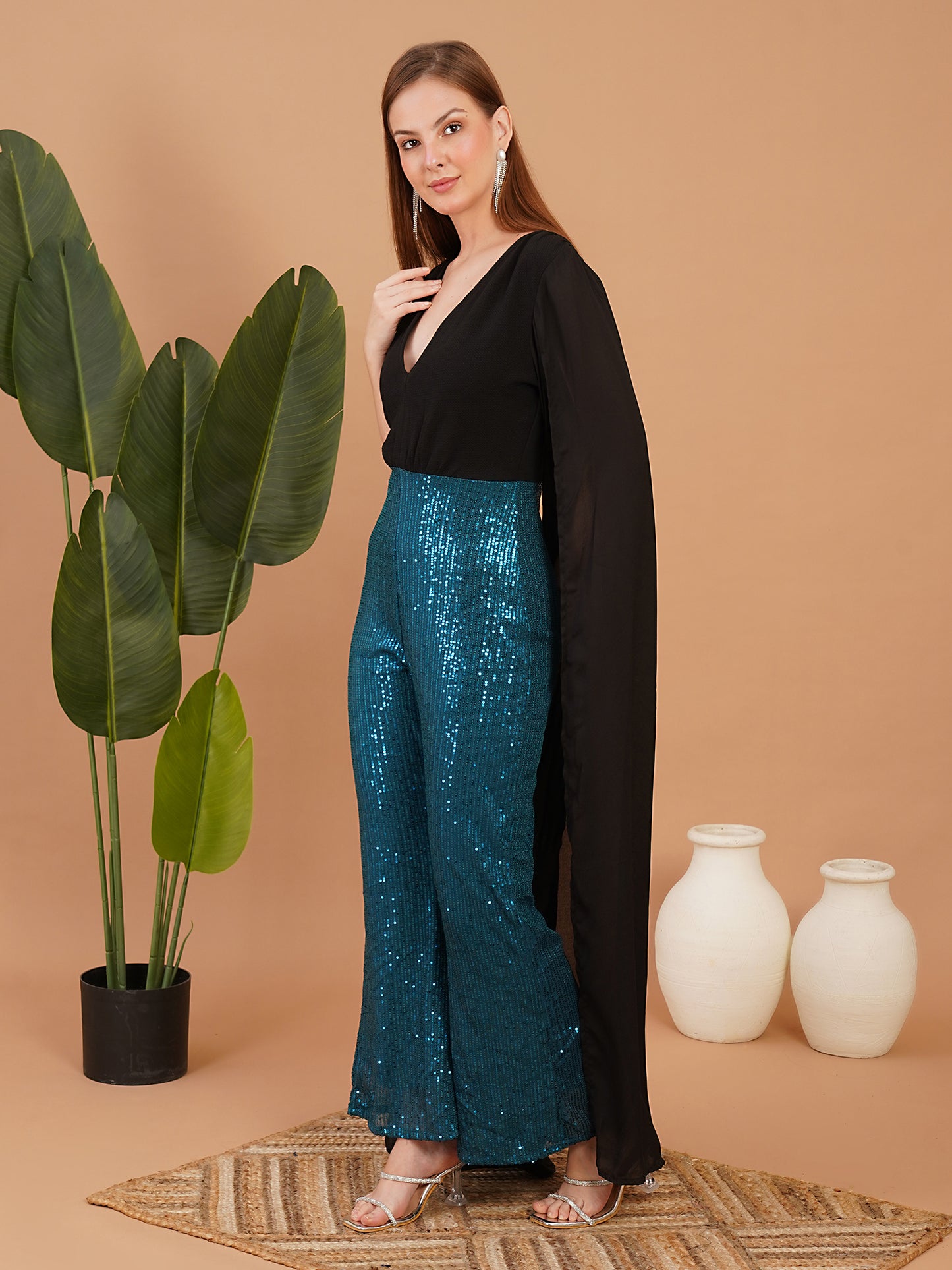 Black Cape Style Top with Teal Blue Sequin Flared Pants – Party Wear Jumpsuit