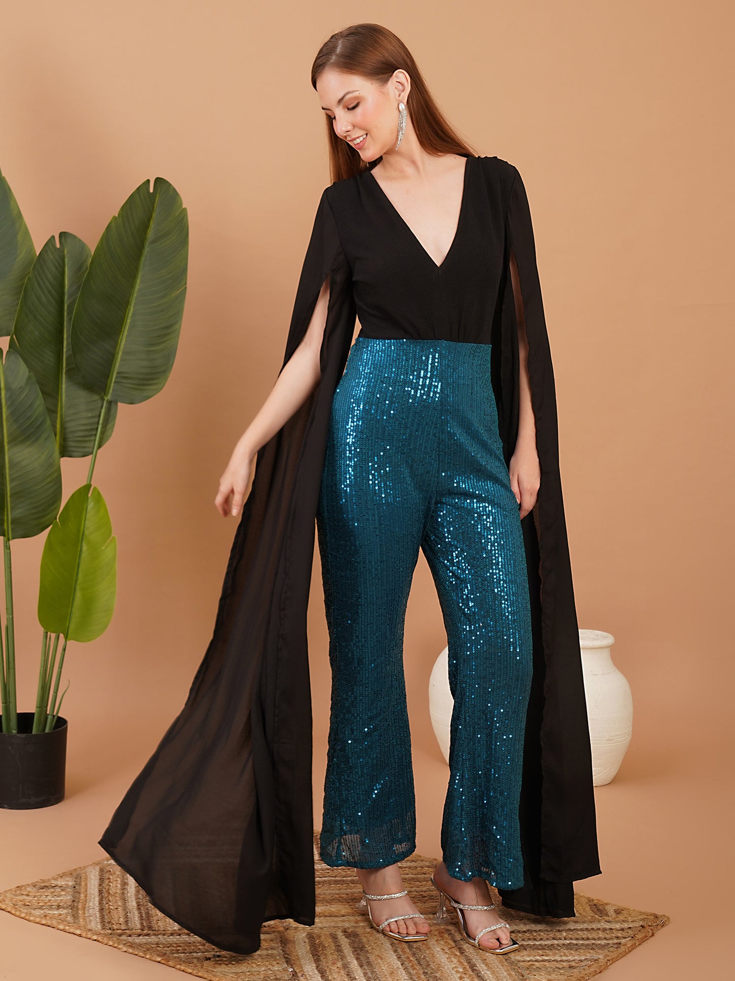 Black Cape Style Top with Teal Blue Sequin Flared Pants – Party Wear Jumpsuit