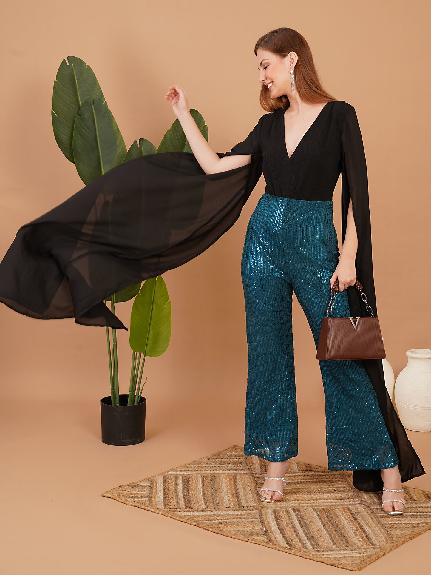 Black Cape Style Top with Teal Blue Sequin Flared Pants – Party Wear Jumpsuit
