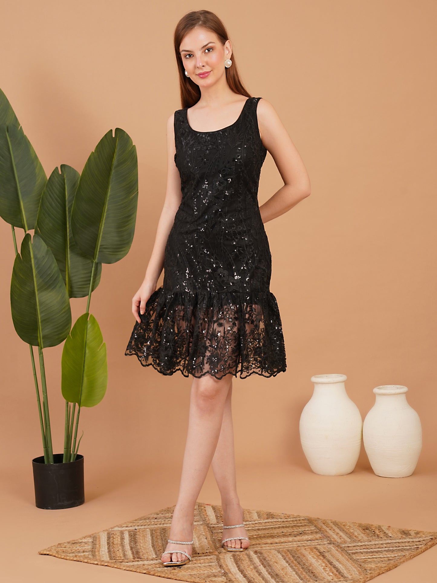 Black Lace Sequin Fit and Flare Mini Dress – Elegant Party Dress for Women
