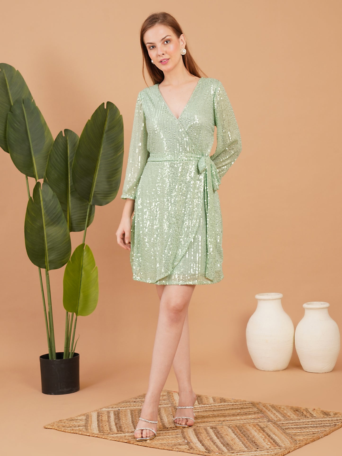 Mint Green Sequin Wrap Dress – Party Wear Short Dress for Women
