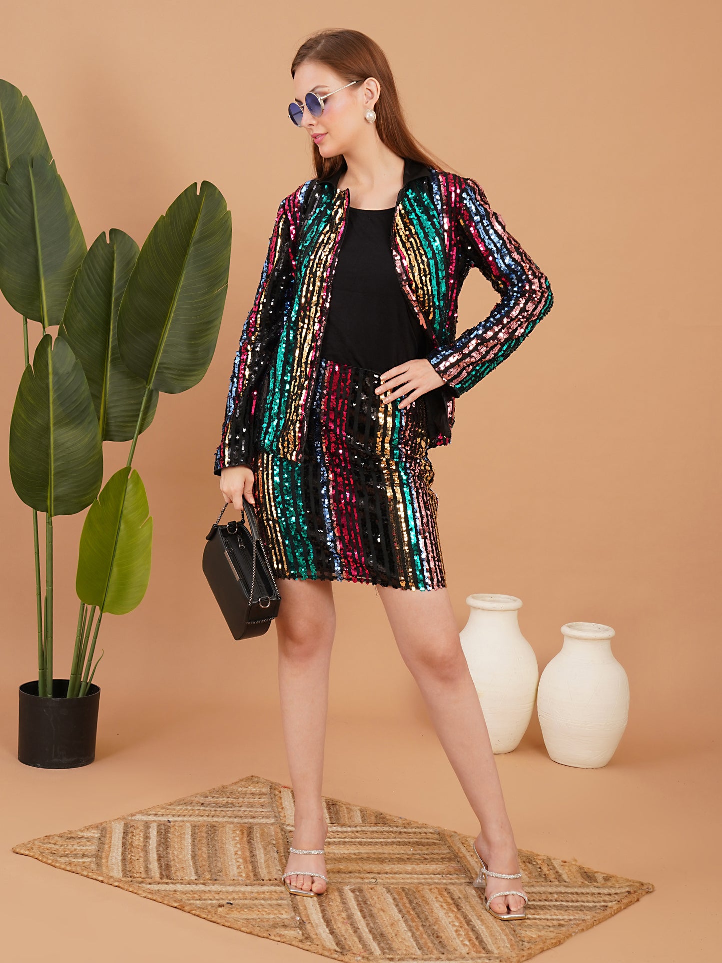 Multicolor Sequin Blazer and Skirt Set for Women – Party Wear Co-Ord Outfit