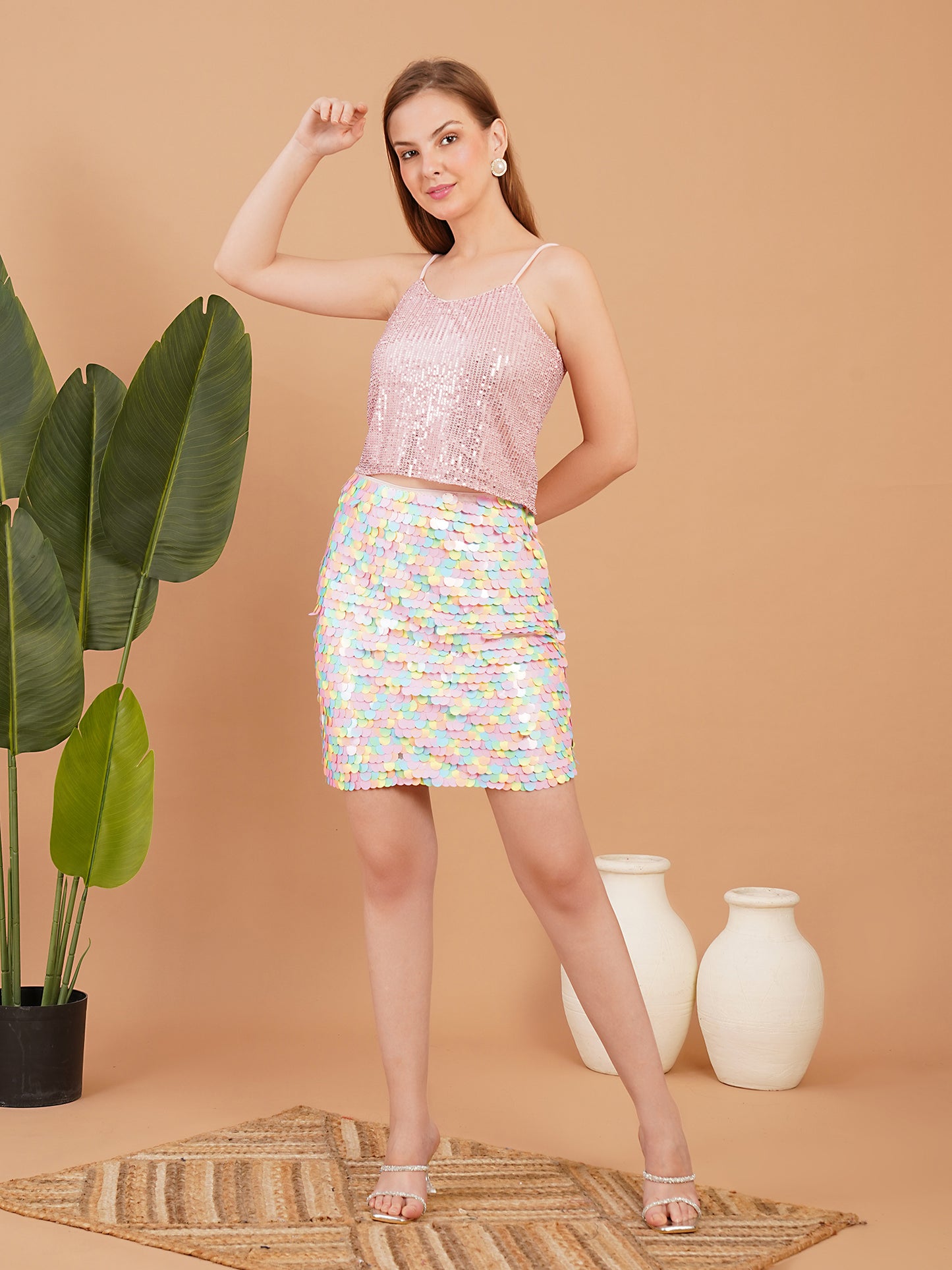 Pink Sequin Crop Top with Iridescent Sequin Mini Skirt – Party Wear Co-Ord Set for Women