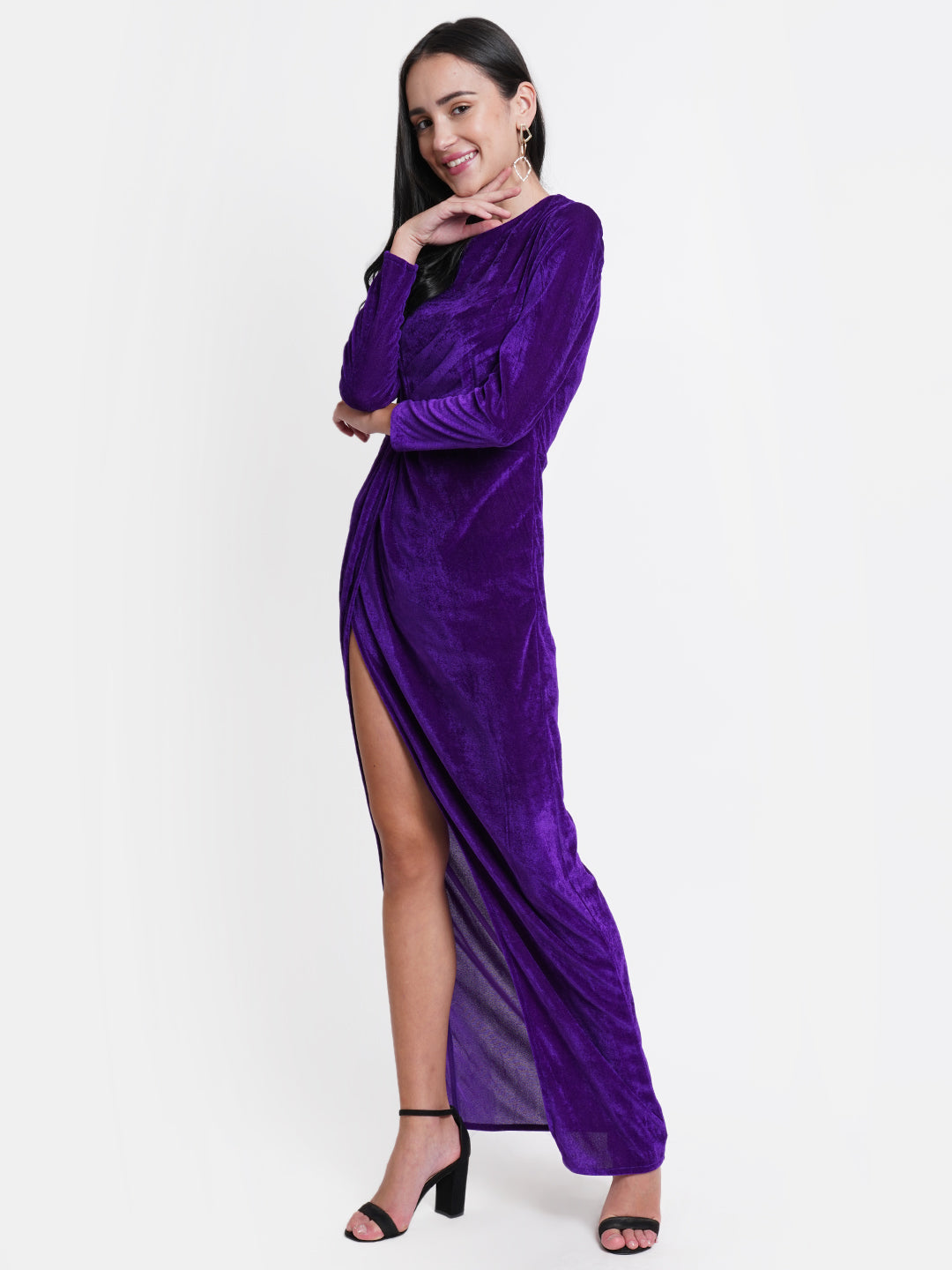 Purple Velvet Thigh High Slit Evening Gown for Women | Full Sleeve Party Dress