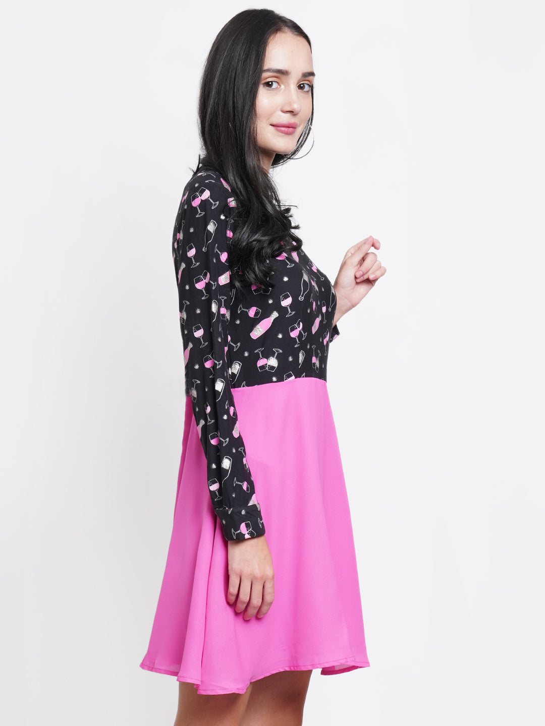 Pink and Black Printed A-Line Dress for Women | Long Sleeve Casual Fit & Flare Dress