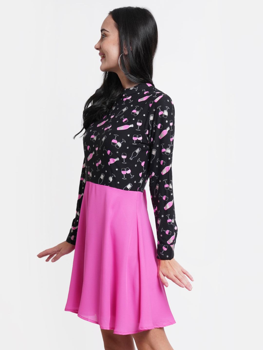 Pink and Black Printed A-Line Dress for Women | Long Sleeve Casual Fit & Flare Dress
