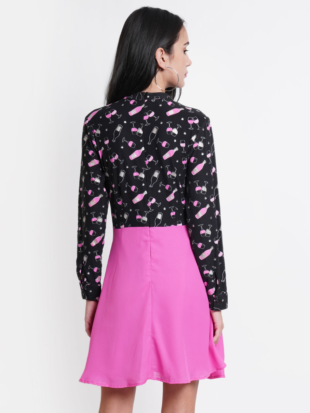 Pink and Black Printed A-Line Dress for Women | Long Sleeve Casual Fit & Flare Dress