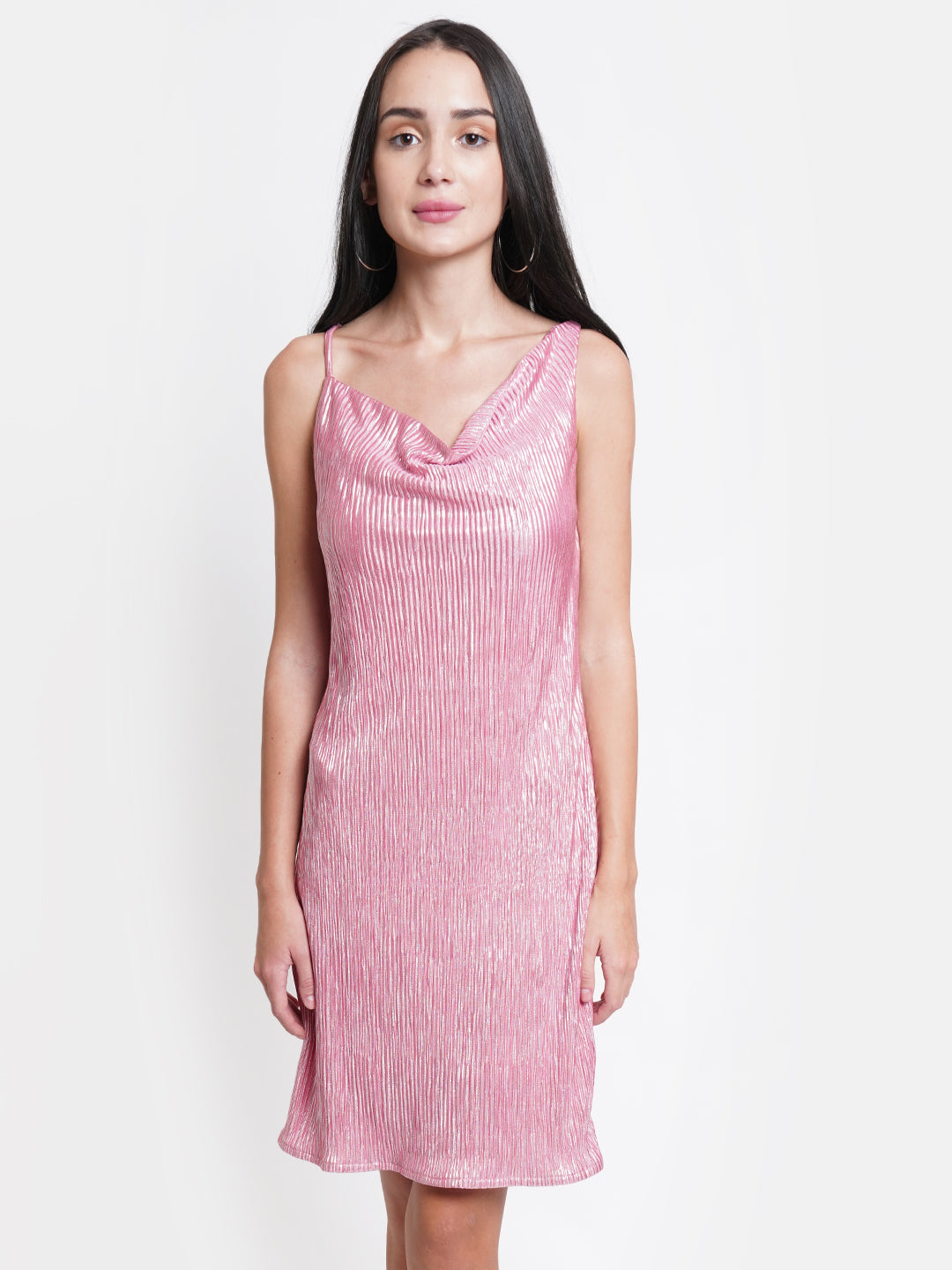 Pink Metallic Shimmer Dress for Women | Sleeveless Cowl Neck Partywear