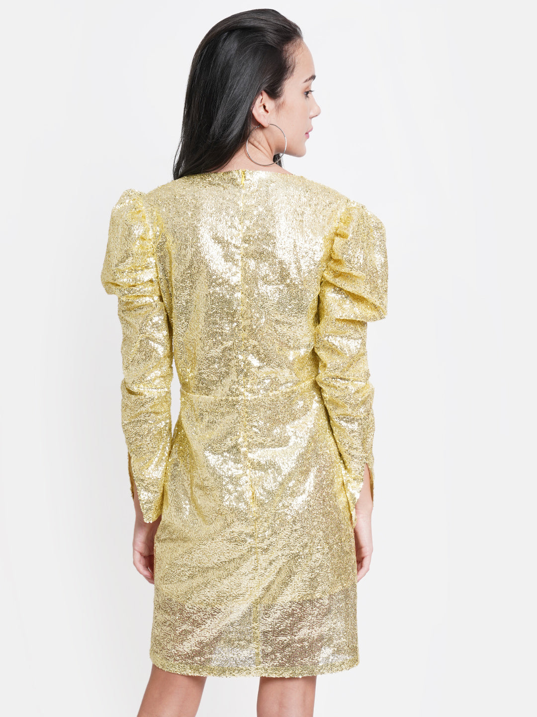 Gold Sequin Puff Sleeve Mini Dress for Women – V-Neck Glam Party Wear Outfit