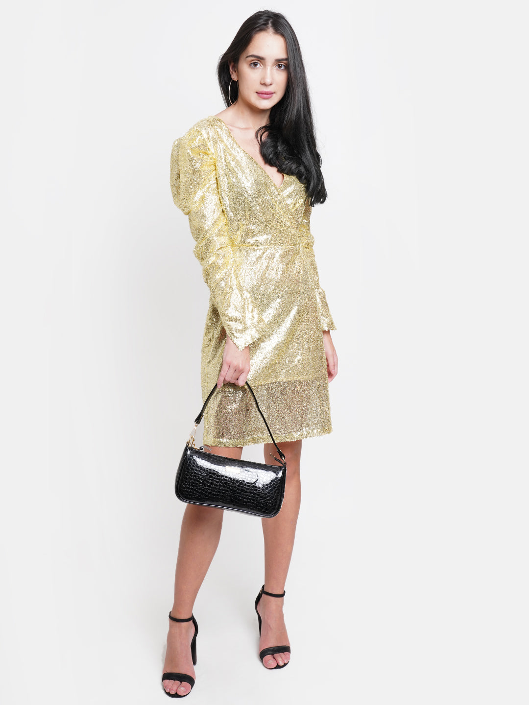 Gold Sequin Puff Sleeve Mini Dress for Women – V-Neck Glam Party Wear Outfit