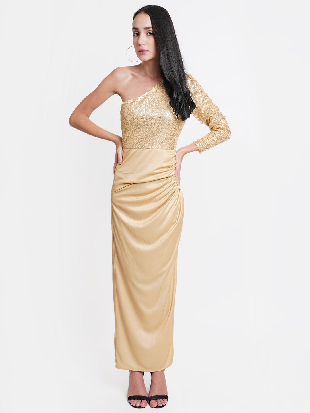 Women's Gold One Shoulder Sequin Evening Gown