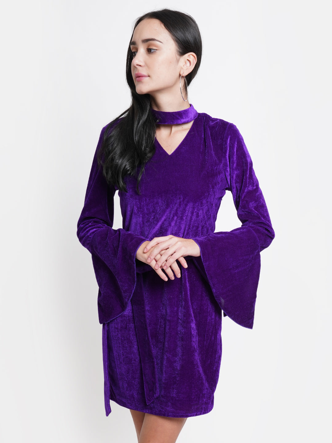 Purple Velvet Choker Neck Dress for Women | Bell Sleeve Party Wear Dress