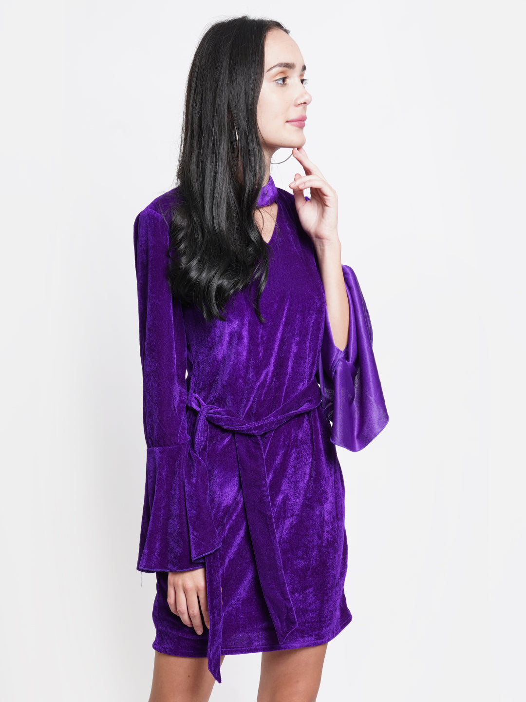 Purple Velvet Choker Neck Dress for Women | Bell Sleeve Party Wear Dress