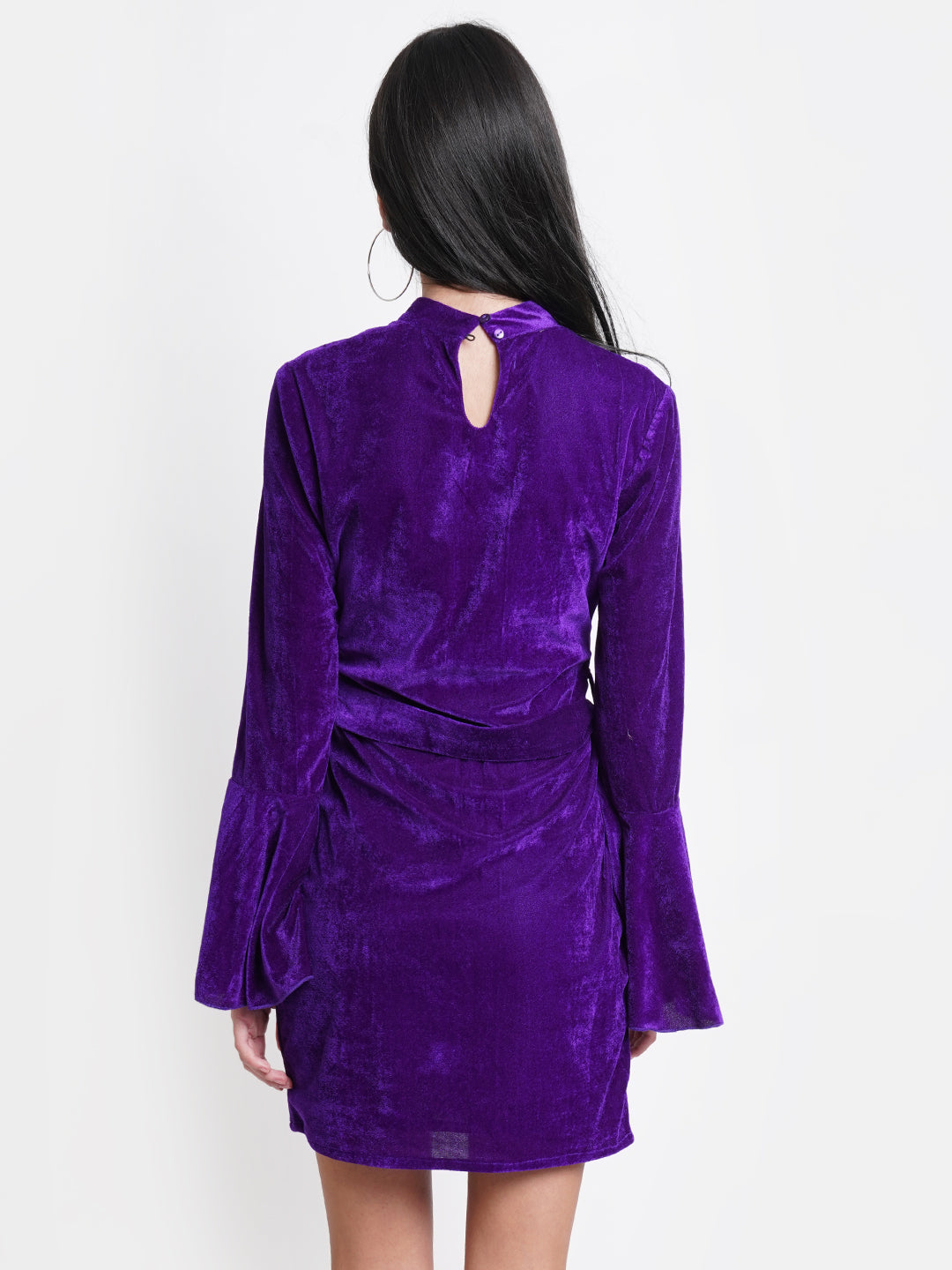 Purple Velvet Choker Neck Dress for Women | Bell Sleeve Party Wear Dress