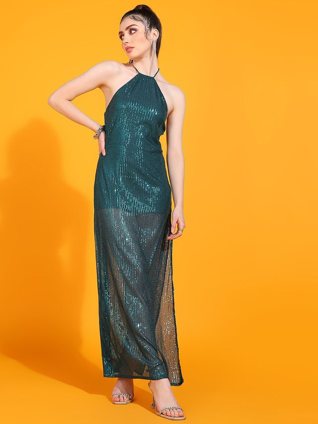 Emerald Green Sequin Halter Neck Gown with High Slit