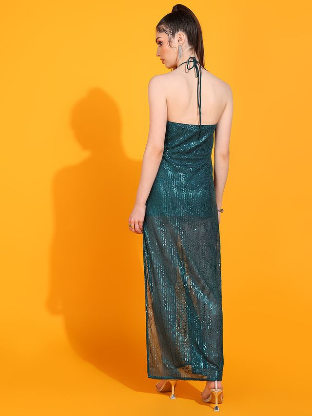 Emerald Green Sequin Halter Neck Gown with High Slit