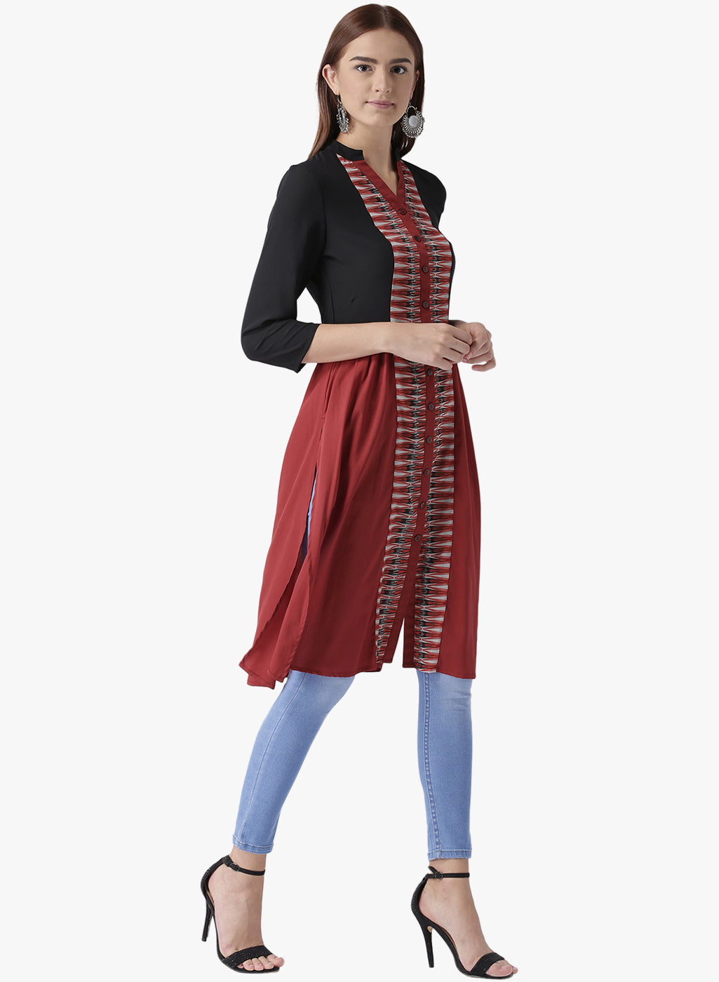 Women's Black and Maroon Front Slit Kurta with Printed Panel and Button Detailing