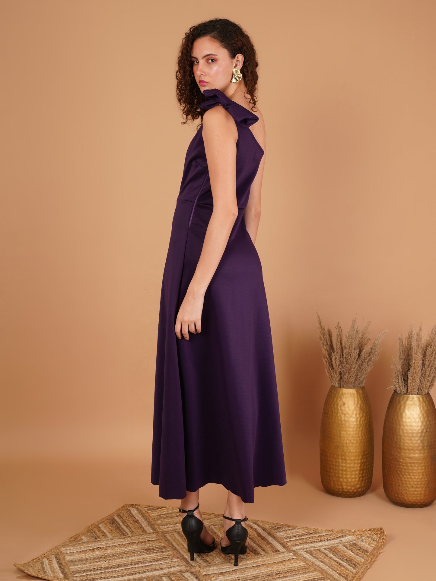 Scuba One Shoulder Purple Midi Dress with Bow Detail – Elegant Evening Dress for Women