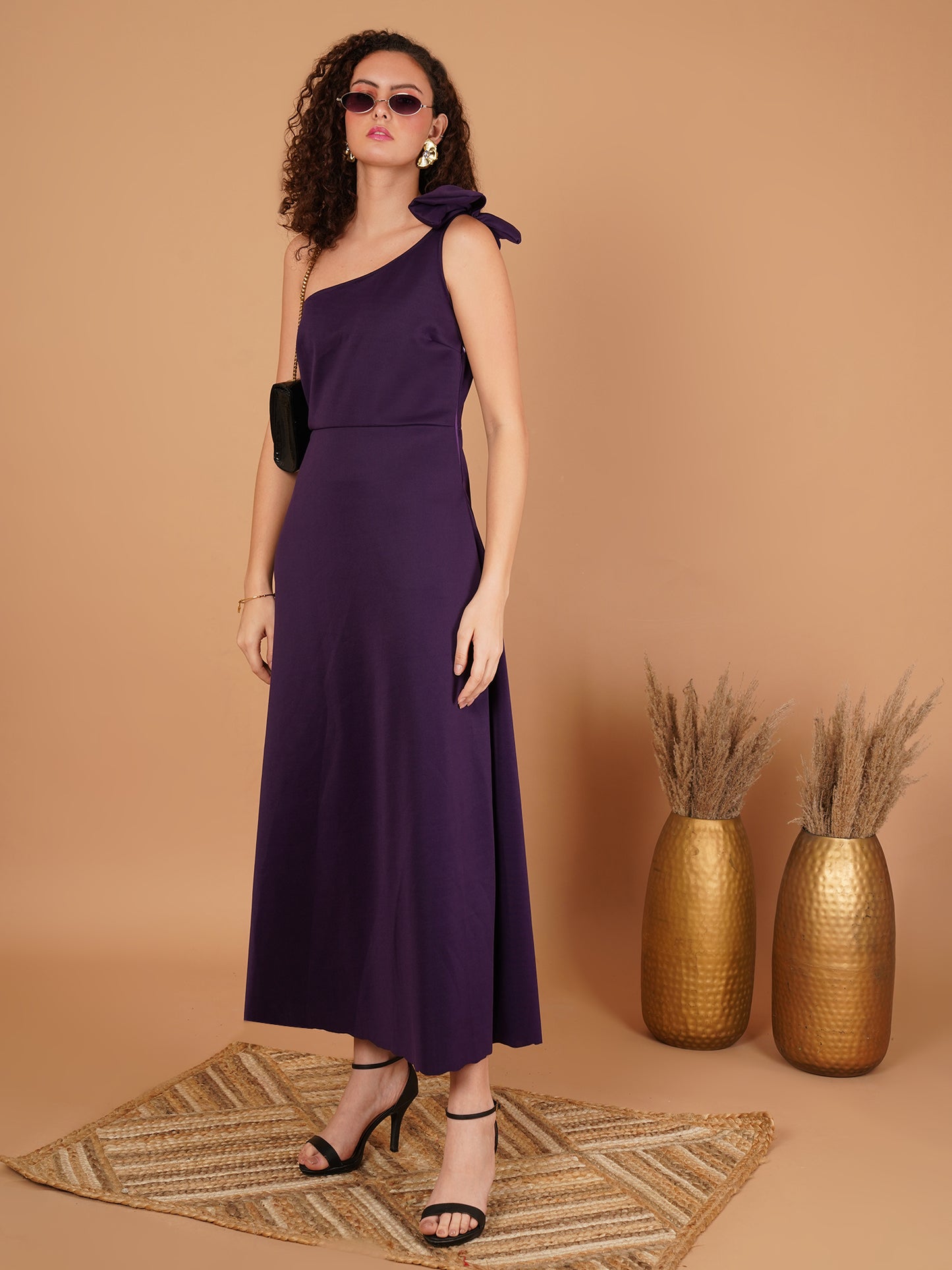 Scuba One Shoulder Purple Midi Dress with Bow Detail – Elegant Evening Dress for Women