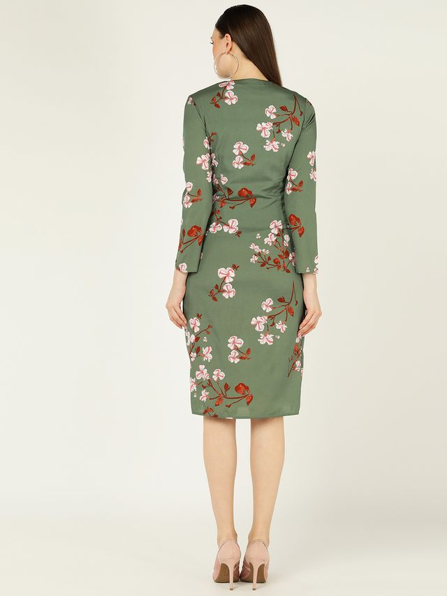 Green Floral Bodycon Dress with Square Neck & Side Slit