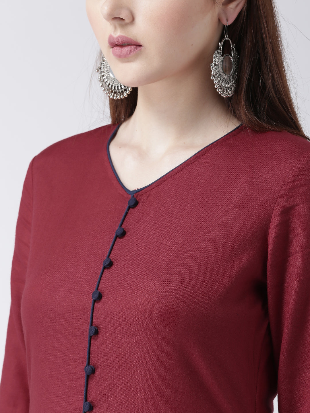 Women's Maroon Colorblock Straight Kurta with Front Button Detailing