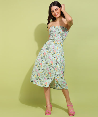 Women's Light Green Floral Strapless Smocked Midi Dress – Summer Beach Outfit