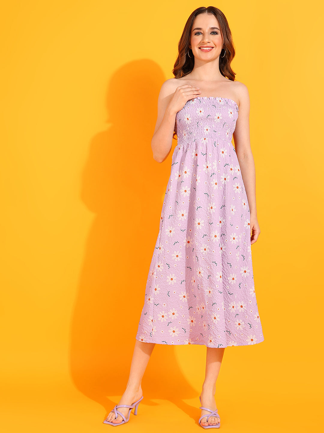 Women’s Lilac Strapless Floral Smocked Midi Dress