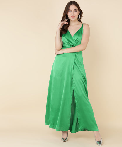 Glam Green Satin Wrap Gown Dress for Evening Party